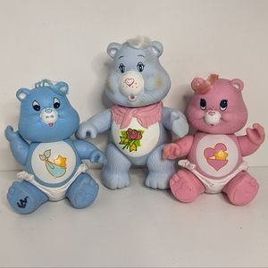 Vintage Care Bears Grams, Hugs and Tugs Poseable figurines Set grey, blue, pink